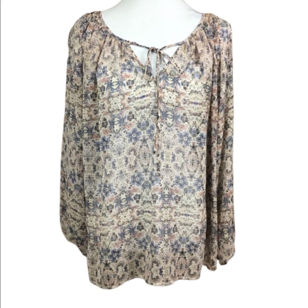 CAbi Blouse Sienna Floral Chiffon Boho Blue Pink Tan Floral Print Oversize Small